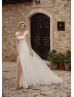 Square Neck Pearls Emebellished Ivory Satin Tulle Slit Wedding Dress